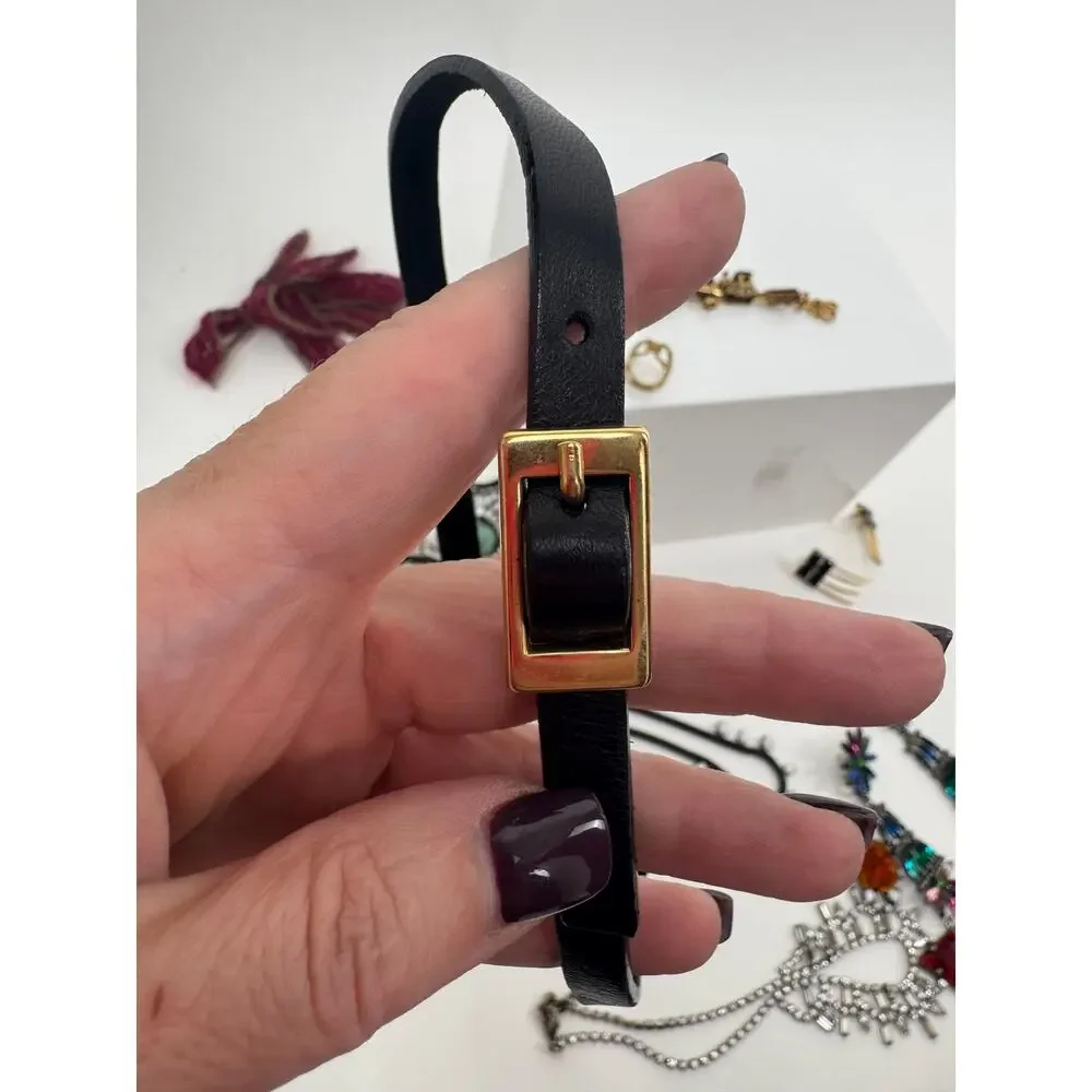 Jennifer Behr Black Leather Buckle Headband Gold Hardware Vintage